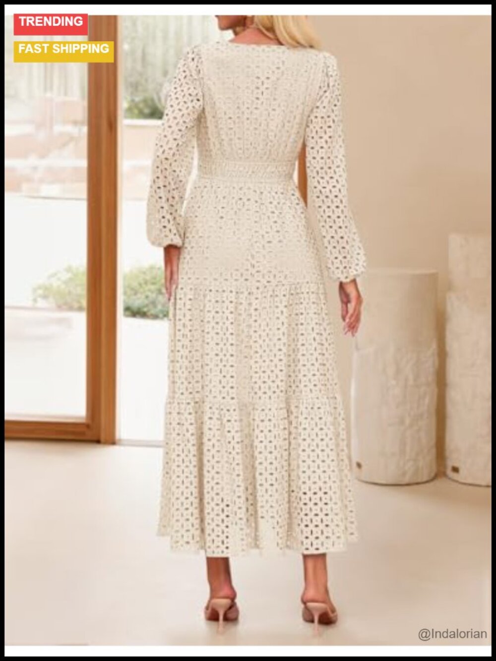 ZESICA Women's Long Sleeve Eyelet Maxi Dress V Neck A Line Flowy - Picture 3 of 6